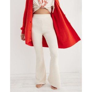 aerie groove-on velour high waisted flare pant in cream xs short
